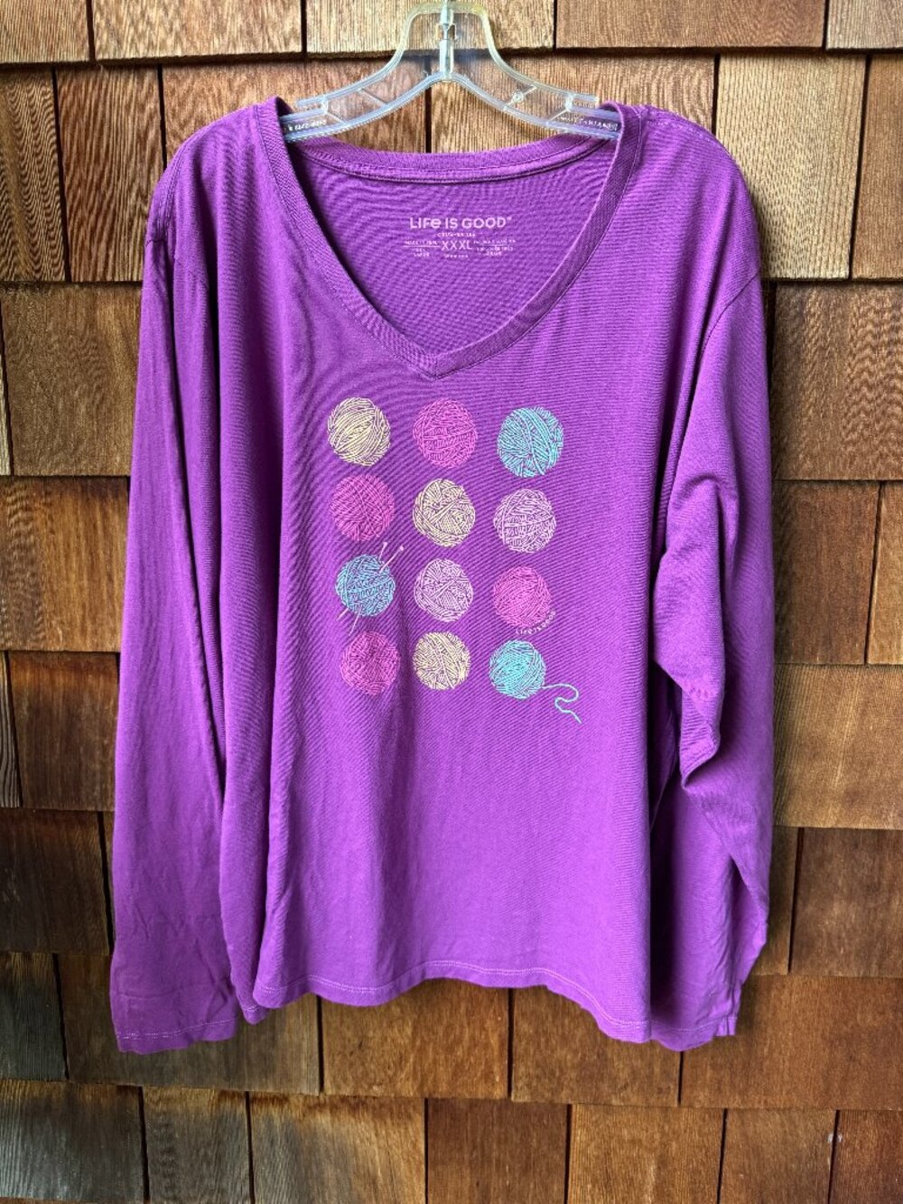 Life is Good Purple Colorful Yarn Balls Long Sleeve Crusher Tee in Women's XXXL